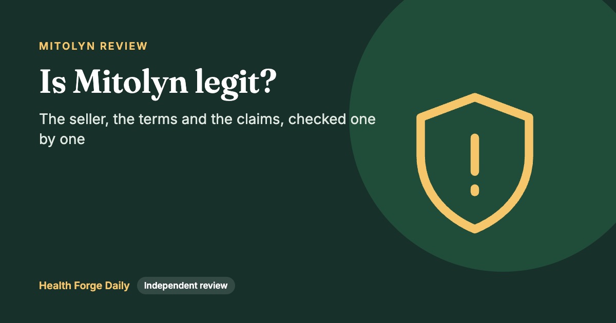 Verification card for Mitolyn showing four checks: the seller, the refund terms, the label and the marketing claims