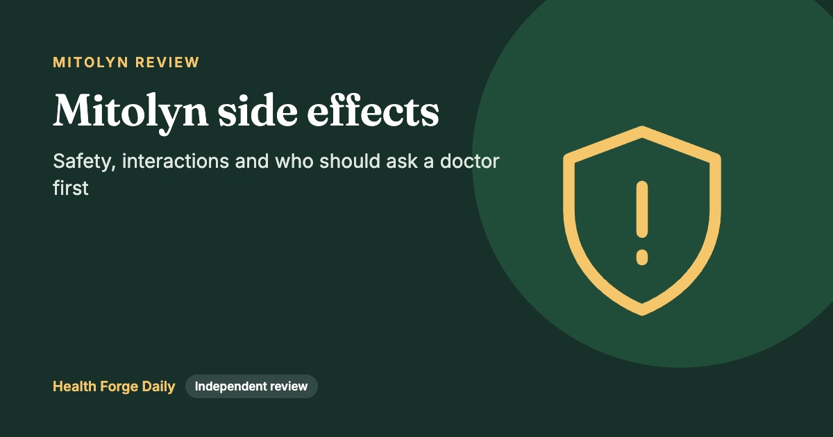 Mitolyn side effects and safety. Independent review card from Health Forge Daily