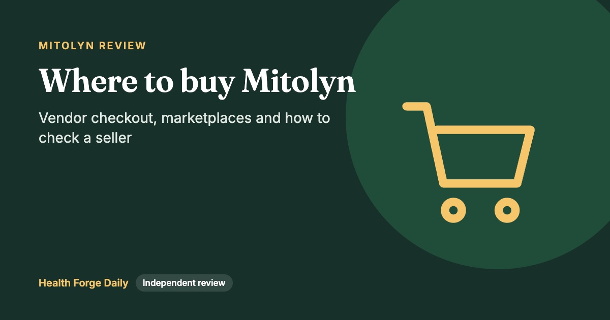 Card comparing Mitolyn purchase routes: the vendor ClickBank checkout, marketplaces and unknown sellers, with what to check for each
